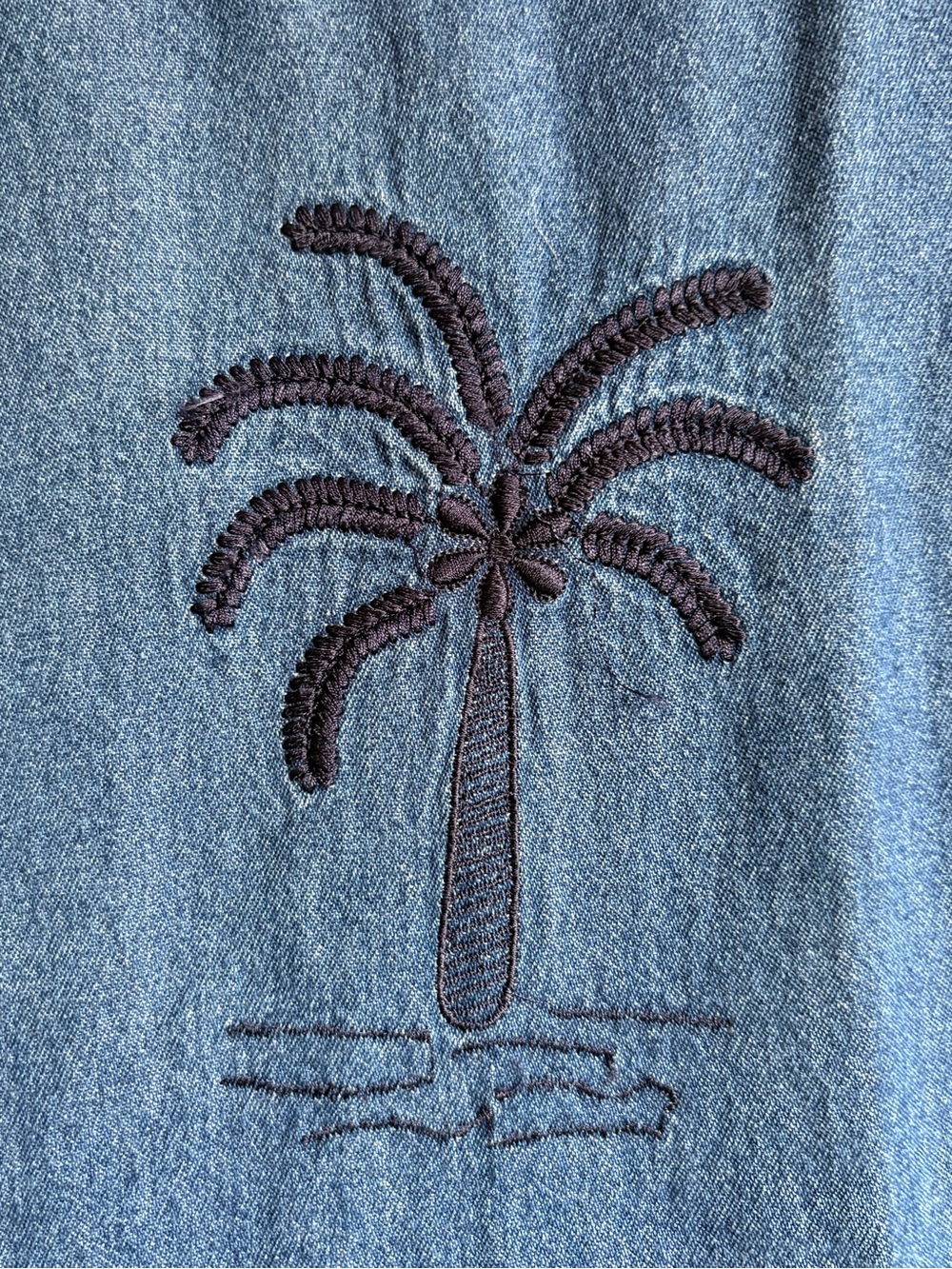 Vintage Denim Palm Tree Embroidered Maxi Dress | Boho Coastal - Picture 3 of 9